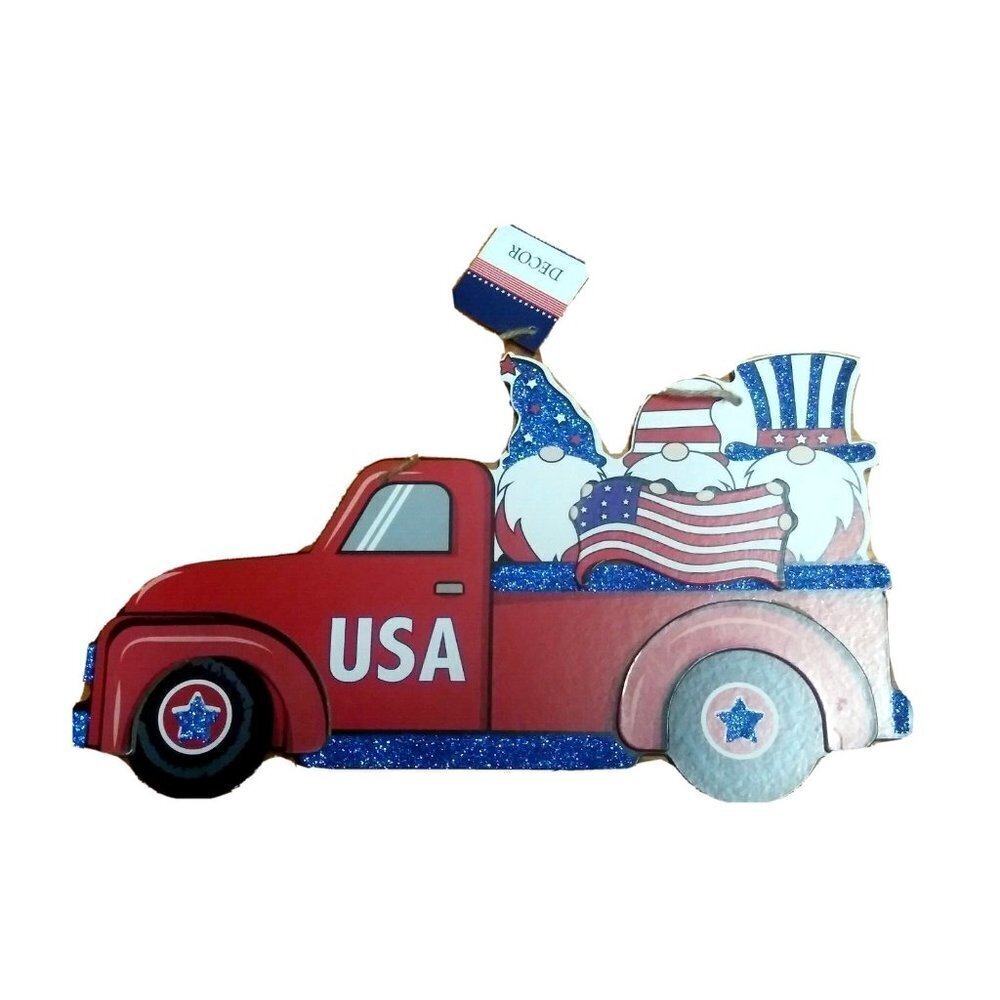Lot of 2 Patriotic Wall Hangings RED Pickup Trucks w/Gnomes 13" cardboard NWT